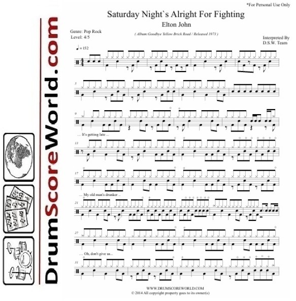 Elton John - Saturday Night's Alright...- Drum Sheet + Play-Along Track